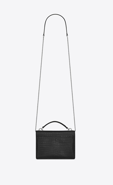 Sunset Chain Wallet aus schwarzem Glanzleder mit Krokodillederprägung